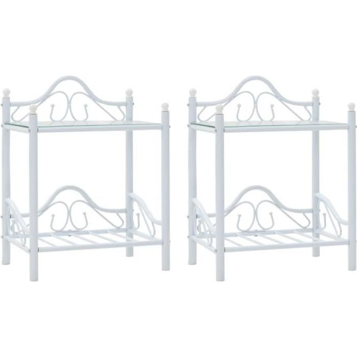 vidaXL Table de chevet 2 pcs Acier et verre trempé 45x30,5x60 cm Blanc
