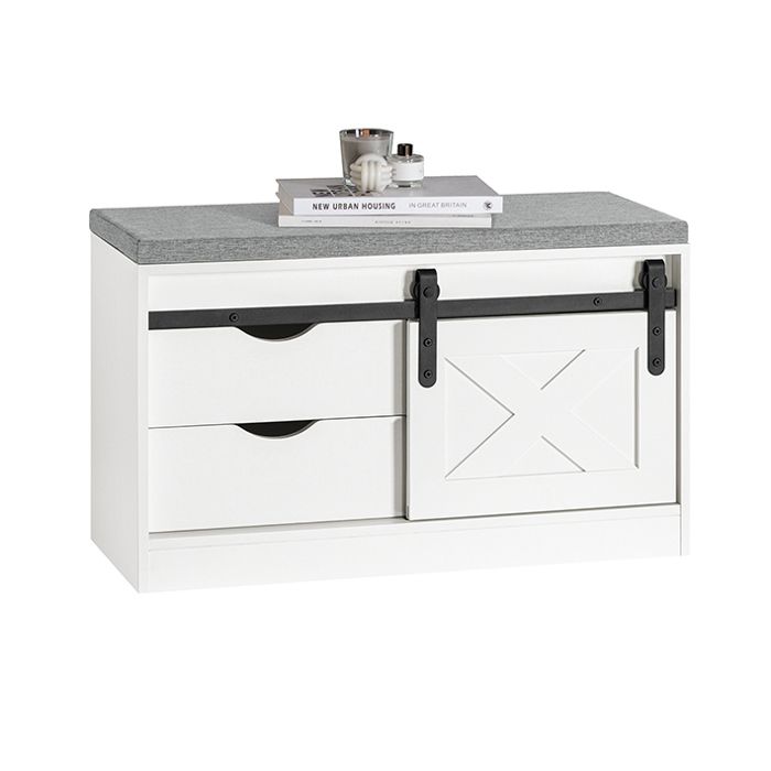 Banc à Chaussures FSR153-W SoBuy - Meuble à Chaussures - Coussin Rembourré - 2 Tiroir - Porte de Grange - 80 x 30 x 49