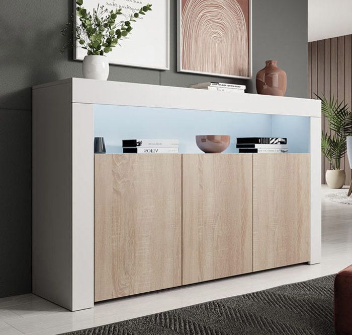 Buffet bas - DESIGN AMEUBLEMENT - Aker - 3 portes soft-close - LED intégré - Blanc et Sonoma Mat Buffet bas - DESIGN AMEUBLEMENT - Aker - 3 portes soft-close - LED intégré - Blanc et Sonoma Mat