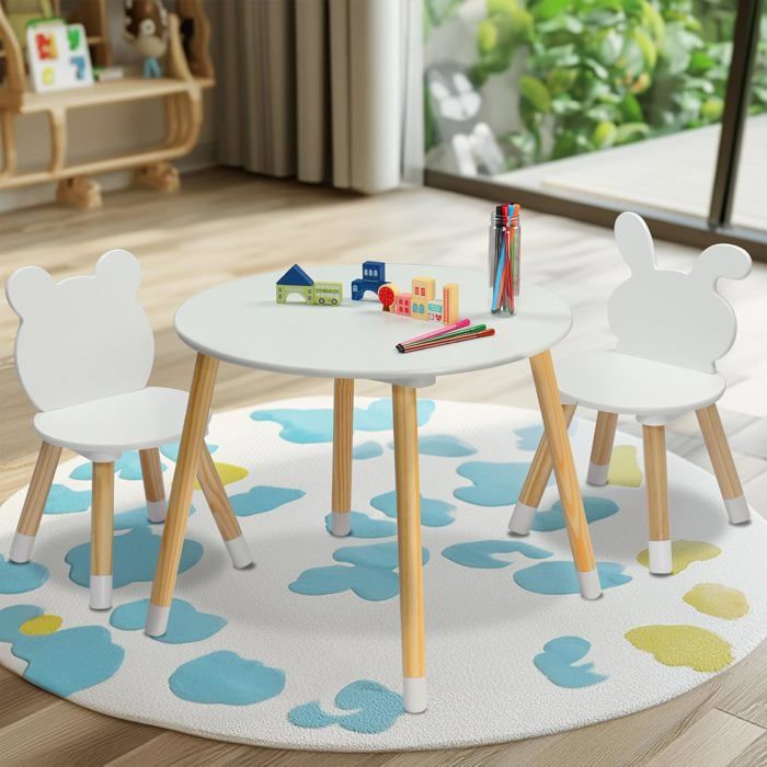 Ensemble table et chaises enfant avec Chaises à Oreilles de chaise Ours + Lapin - ALIGHTUP- Blanc