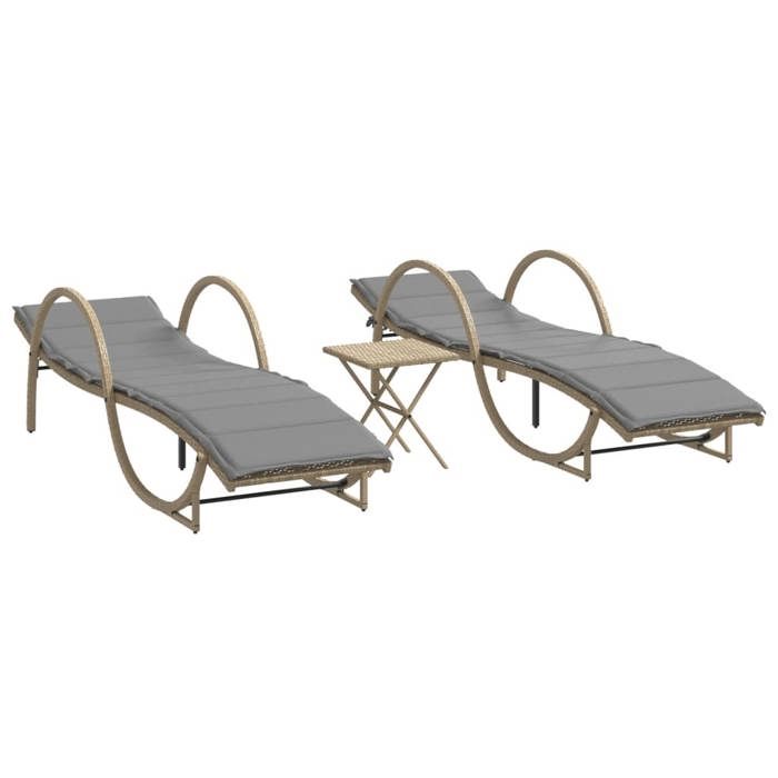 MGH - NEUF Chaises longues lot de 2 - Bain de soleil avec table beige résine tressée CC305