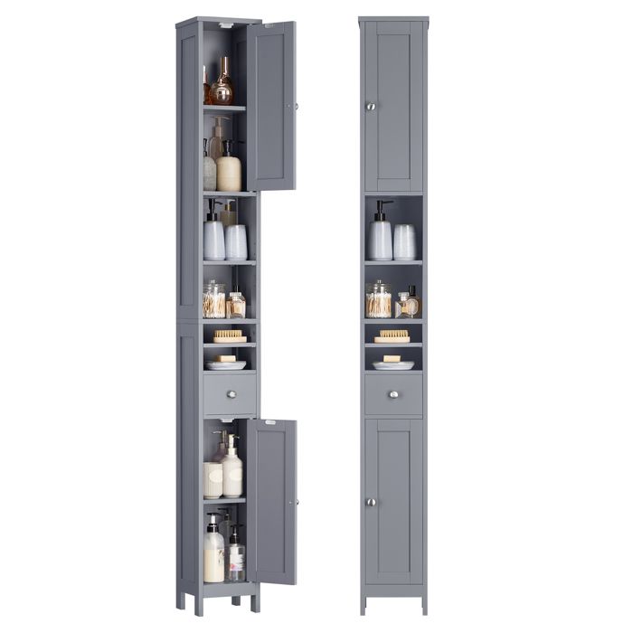 Armoire de Salle de Bain Haute avec Étagères Réglables Tiroir Compartiments Ouverts pour les Petits Espaces Gris Tourterelle Armoire de Salle de Bain Haute avec Étagères Réglables Tiroir Compartiments Ouverts pour les Petits Espaces Gris Tourterelle