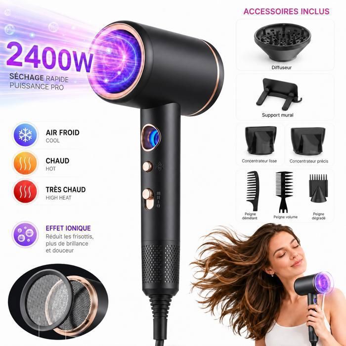 Seche Cheveux ionique Professionnel 2400W Puissant 3 Températures et 3 Vitesse - avec Support 2 Concentrateurs 1 Diffuseur Noir