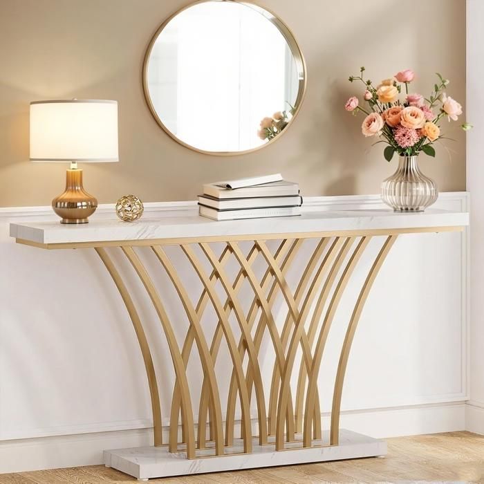 Table Console - 150 x 295 x 80 cm - avec Pied en métal - pour entrée Couloir entrée Salon (Blanc)