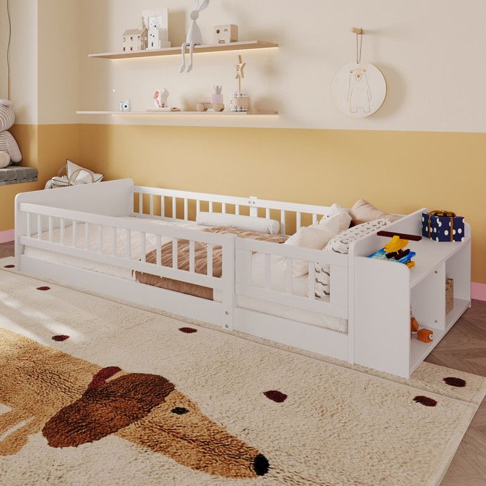 Lit Enfant 90x200 cm avec Sommier en Pin Lit Simple avec Rangement Ouvert et étagère Lit 1 Personne Blanc