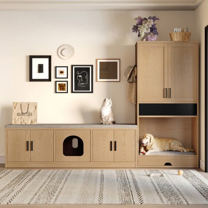 Meilleurs prix pour Niche Meuble Animaux 2 En 1 Chêne - Banc Armoire Et Commode Haute Avec Lit Chien Grotte Chat Griffoir Mangeoire Et Rangement