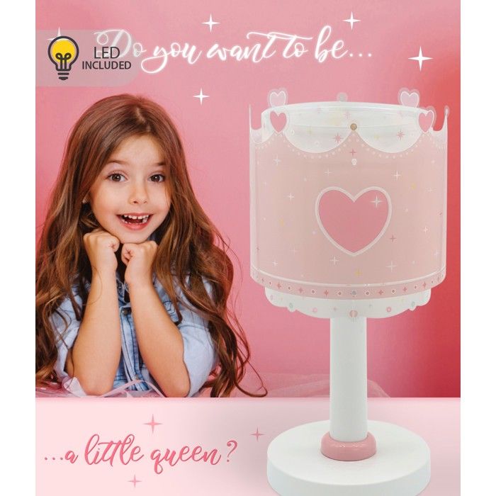 Lampe de chevet enfant - DALBER - Little Queen - Rose - Effet fluorescence (brille dans le noir) - Couronne et cœurs