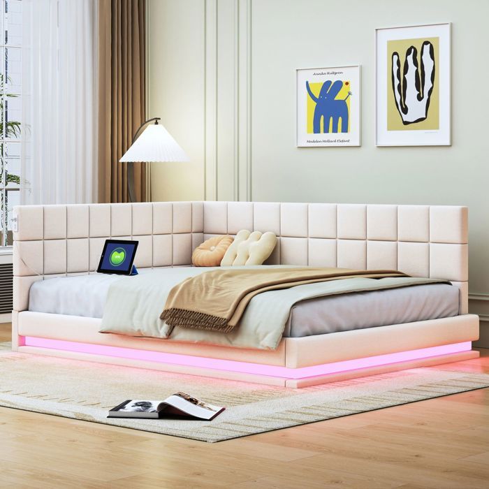 Lit gigogne - SOGEU - 140x200 - Velours capitonné - LED multicolore - Port USB