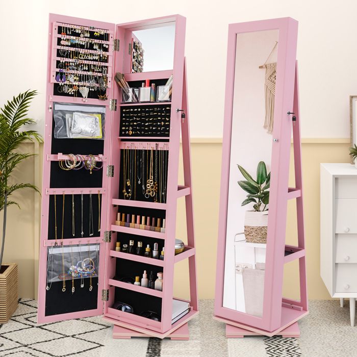 3 en 1 Armoire à Bijoux sur Pieds COSTWAY Pivotante à 360 Degrés Grand Miroir Psyché et Etagère de Rangement à LArrière Rose