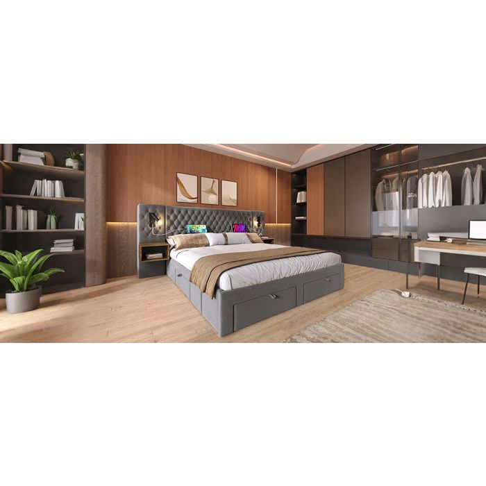 Lit double 160x200 cm EVRYAE - 2 tables de chevet 4 tiroirs liseuses et USB Type C sans Matelas - Velours gris