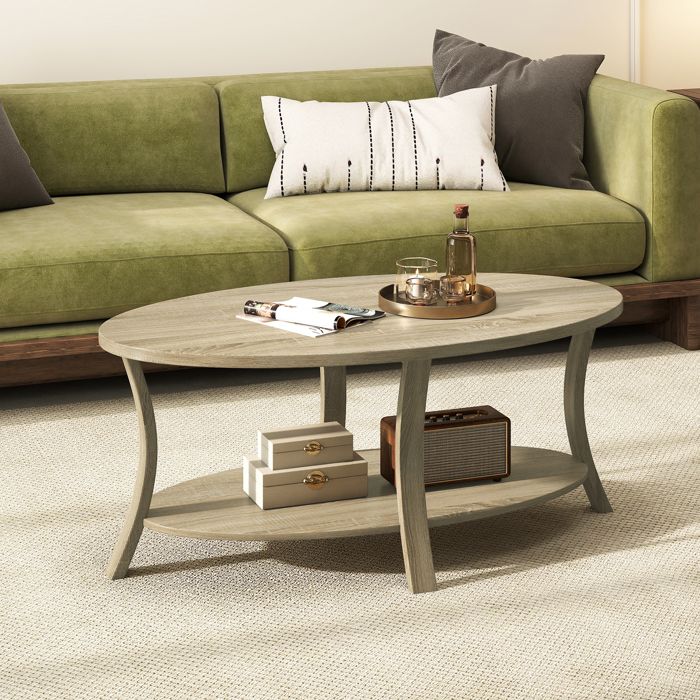 GIANTEX Table Basse Ovale à 2 Niveaux- Étagère de Rangement- Patins Antidérapants- Table d’Appoint- Bureau Salon-111x60 5x47cm-Chêne
