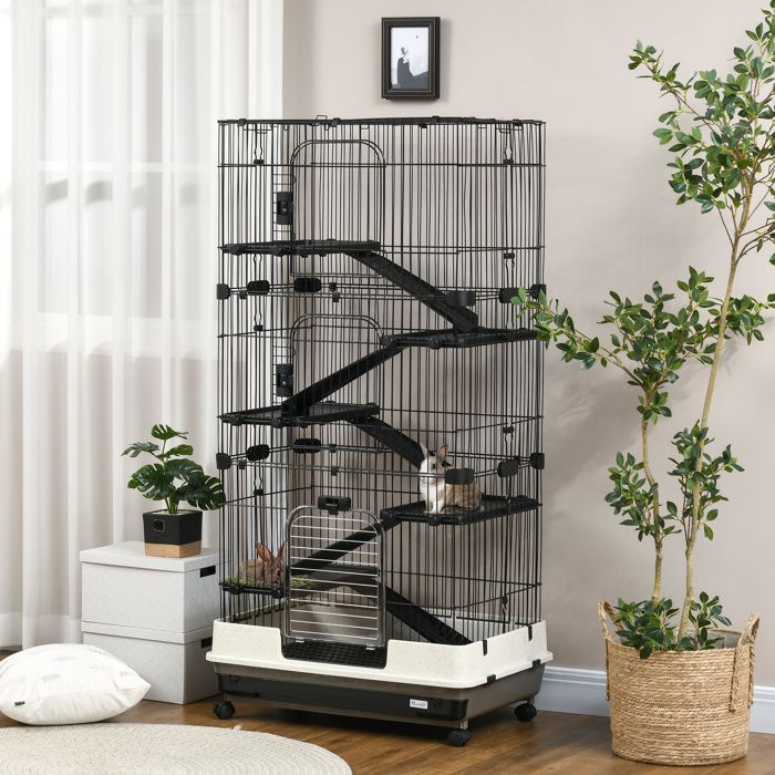 Cage pour lapin enclos à 5 niveaux avec 3 portes 5 rampes plateau amovible roulettes 81 x 525 x 159 cm noir et gris