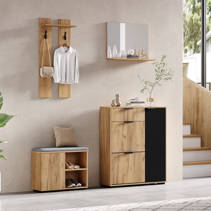 Meuble d’Entrée avec Banc à Chaussures Armoire Miroir et Porte-Manteaux Bois Naturel et Noir 140 cm