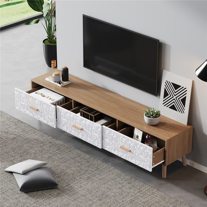 Meuble TV bas 150x35x39cm vintage en bois clair panneau de porte blanc à grain vintage Meuble télé pour salon et chambre à