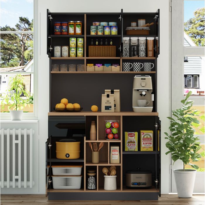 Buffet de cuisine noir brillant avec tiroir rangement ouvert et étagères réglables