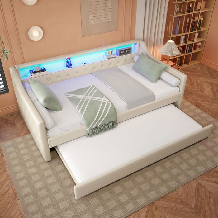 MIVRAY Lit Banquette 2 Places avec LED Réglable USB et Couchage Gigogne 90×200 cm et 90×190 cm sans Matelas Beige