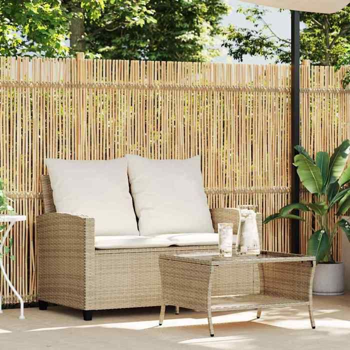Beige Siège de jardin - Canapé de jardin - 2places - coussins - et table beige résine tressée C3827