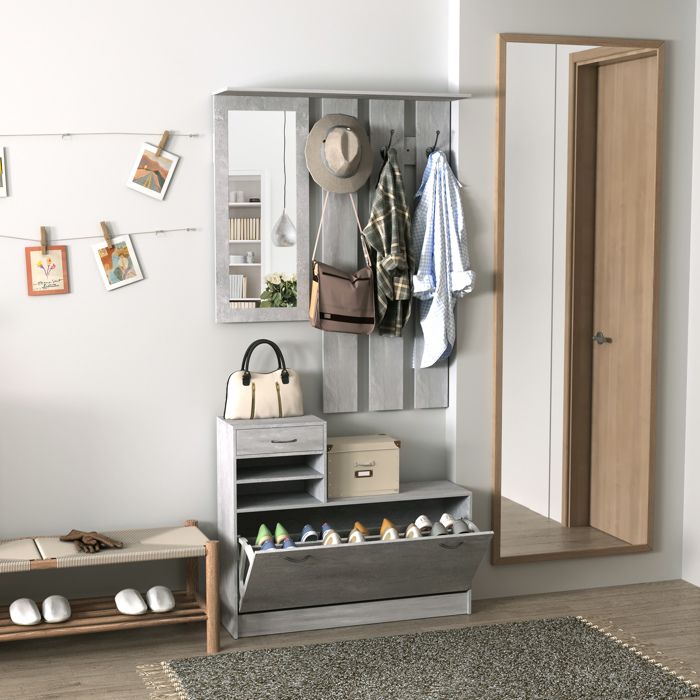 MOTHINESSTO612-Ensembles 3 en 1 de meuble dentrée vestiaire avec panneau porte-manteau miroir et banc à chaussures - 6 crochets et