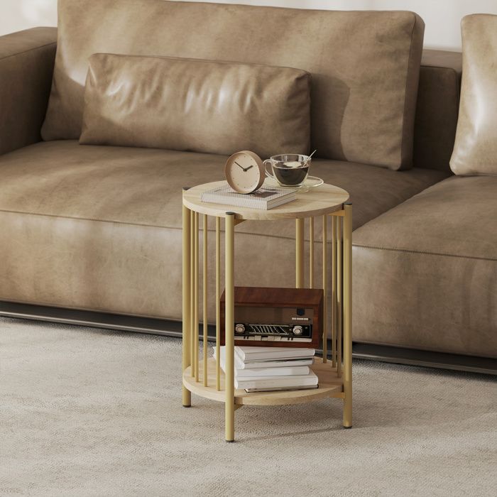 MOTHINESSTO4610-Table dappoint bout de canapé à 2 niveaux avec étagère de rangement et cadre en acier Ø 41 x 49 cm effet bois nat