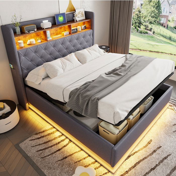 Lit double gris 160×200 cm avec LED USB rangement hydraulique sommier inclus structure stable sans matelas