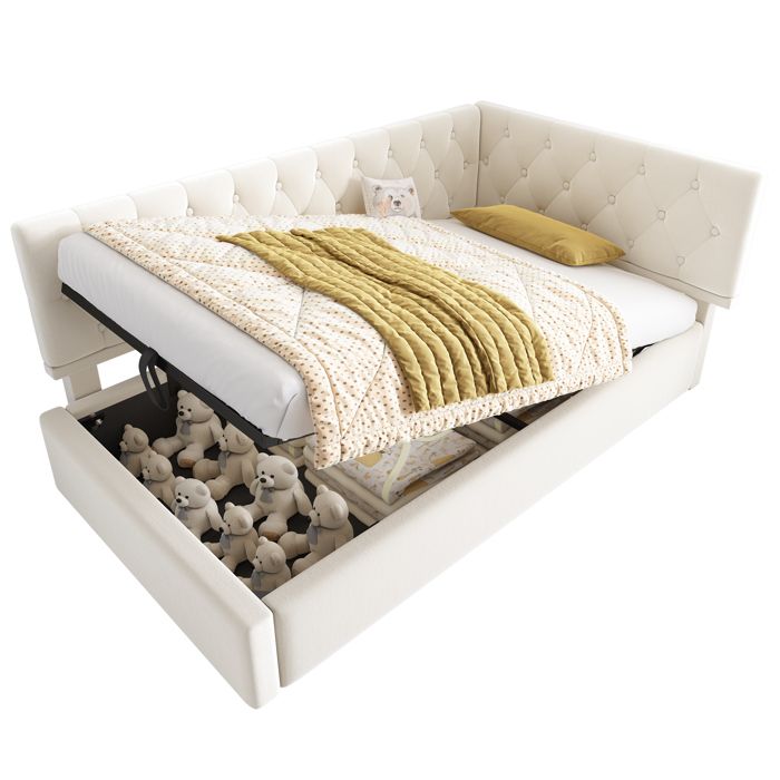 VLIVRA Lit Banquette Lit Simple - Coffre Hydraulique et Tête Réversible - 90×190 cm - sans Matelas - Beige