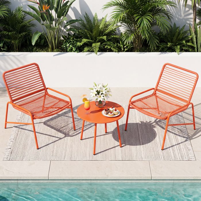 Ensemble Table et Chaises de Jardin 3 Pcs COSTWAY Assise à Lattes Respirante 2 Chaises et Table d’Appoint pour Porche Balcon Cour