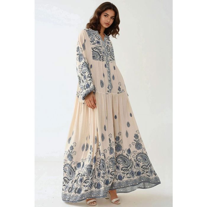 Robe longue imprimée col V boutons Navy Blue