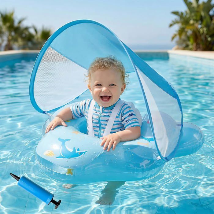 Bouée Bébé Avec Pare-soleil UPF 50+ – Anti-retournement – Taille L – 6-36 Mois – 8-16 Kg – PVC Résistant