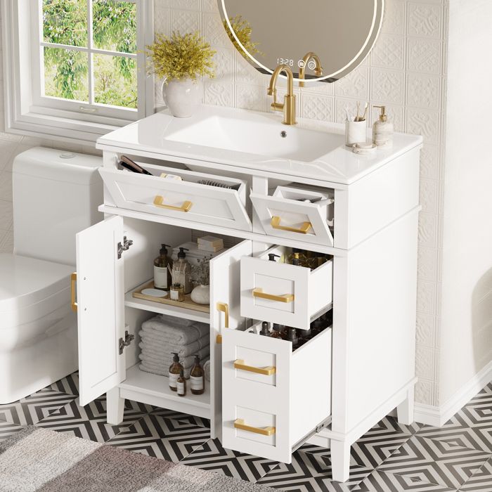 Meuble sous lavabo avec vasque en céramique 4 tiroirs et 2 portes charnières Soft-Close 76 x 465 x 86 cm blanc