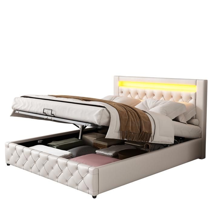 Lit avec sommier à lattes 140x190 cadre rembourré PU blanc grand espace de rangement LED intégrées