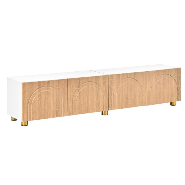 Meuble TV bas 180 cm – 4 portes à relief arc – Blanc et aspect bois naturel