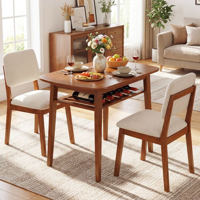 COSTWAY Ensemble Table à Manger Compact 80×53cm avec 2 Chaises Bois d'Hévéa Étagère Intégrée Assises Rembourrées Cerisier