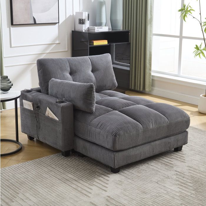 Fauteuil lounge 1 place gris en tissu côtelé avec port USB porte-gobelet et poche latérale 140x112x81 cm ORVRYN