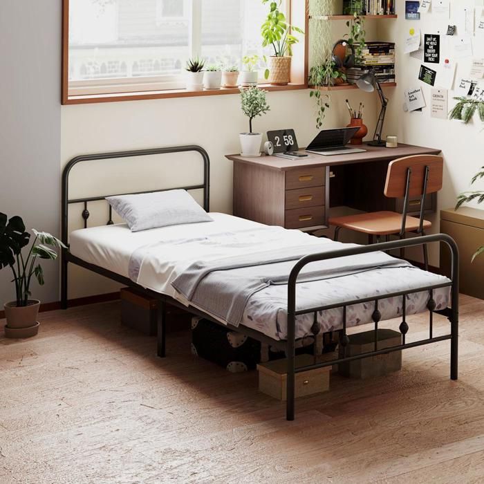 Lit - KOMHTOM - 200x90 cm - Cadre métal pliable - Rangement sous-lit 32 cm - Silencieux Lit - KOMHTOM - 200x90 cm - Cadre métal pliable - Rangement sous-lit 32 cm - Silencieux