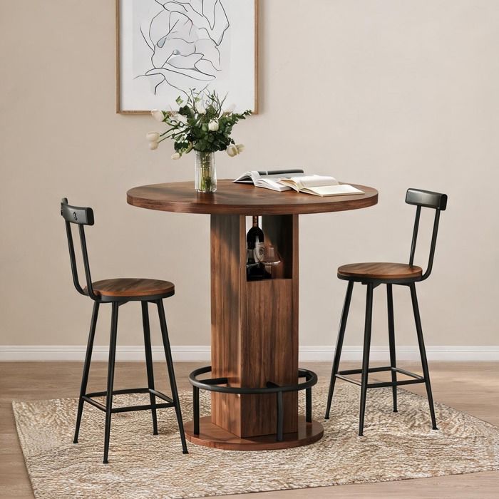 Set table ronde de bar 80 cm et 2 tabourets en panneaux de particules et acier finition classique brown