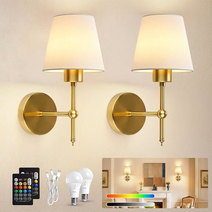Lot de 2 Applique Murale Intérieure Lampe Murale Sans Fil Applique Murale Rechargeable Vintage RGB Dimmable Lot de 2