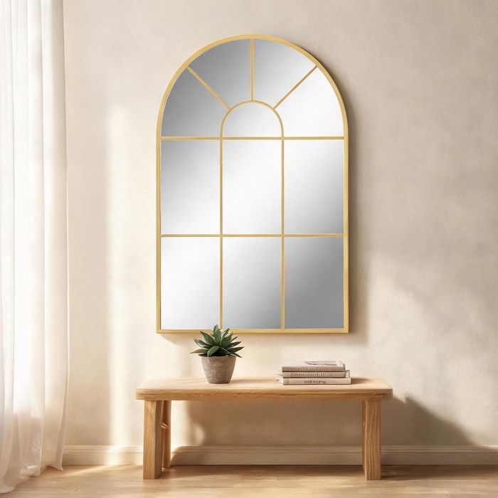 Grand miroir mural en métal doré voûté 91 x 60 cm – verre clair style atelier
