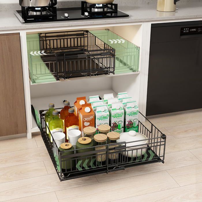 Lot de 2 tiroirs coulissants placard cuisine glissières billes fixation autocollante ou vis noir 33-51L x 38P x 17H cm