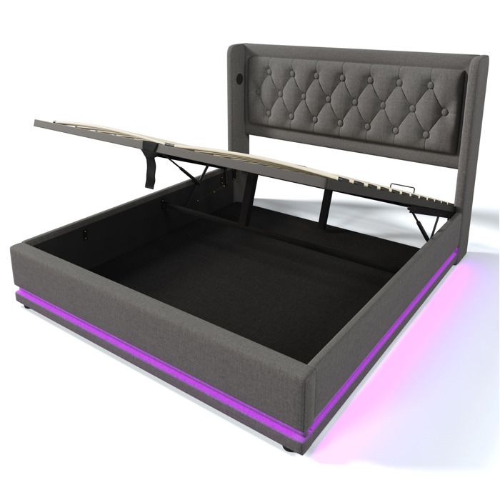 Lit double 140 x 200 cm coffre hydraulique en coton gris tête rembourrée USB-C LED 3 côtés sans matelas