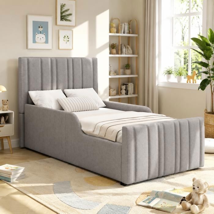 Lit coffre enfant - MERAX - 90 x 200 cm - Tissu lin gris - Sommier relevable hydraulique - Tête de lit cannelée Lit coffre enfant - MERAX - 90 x 200 cm - Tissu lin gris - Sommier relevable hydraulique - Tête de lit cannelée