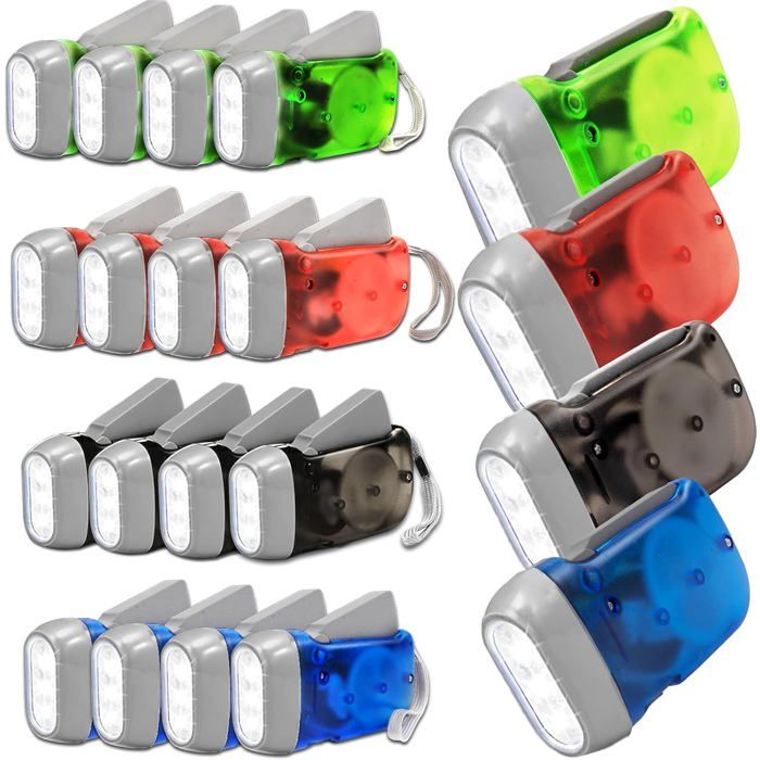 Lot de lampes torches à manivelle - Lot de 24 pièces - 3 LED haute luminosité - 4 couleurs assorties