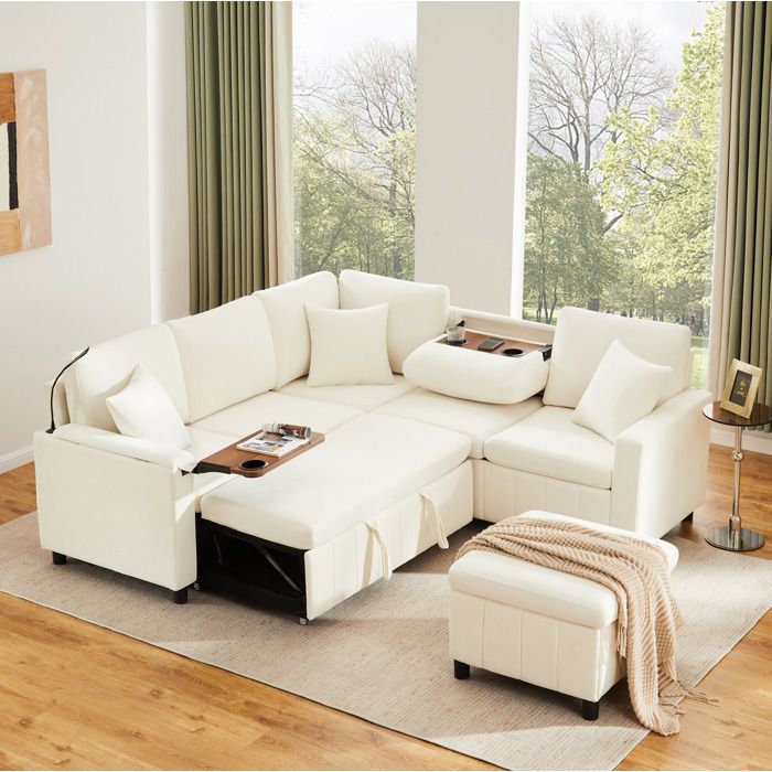 Canapé dangle convertible canapé-lit 205x205 cm avec pouf de rangement lampe de lecture USB Type-C chenille beige JOINERY
