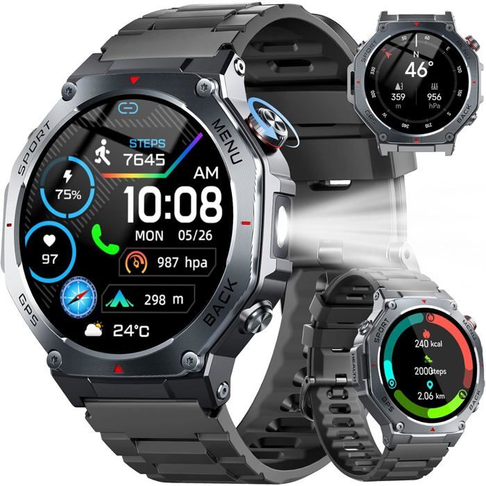 Montre Connectée Homme GPS 1 43 AMOLED Lampe LED 5 ATM Boussole SOS Cardio Sommeil Appel Bluetooth Android iOS Noir