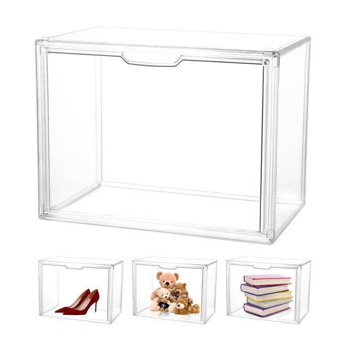 Vitrine acrylique empilable 36 x 27 x 23 cm - boîte transparente anti-poussière à porte magnétique pour exposition et rangement