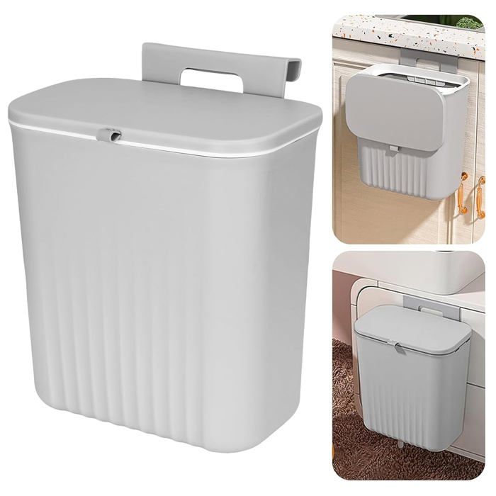 Poubelle Suspendue avec Couvercle 9L Poubelle Suspendue Cuisine Grise Ondulée Poubelle Camping Car 26x16x29cm Poubelle Porte