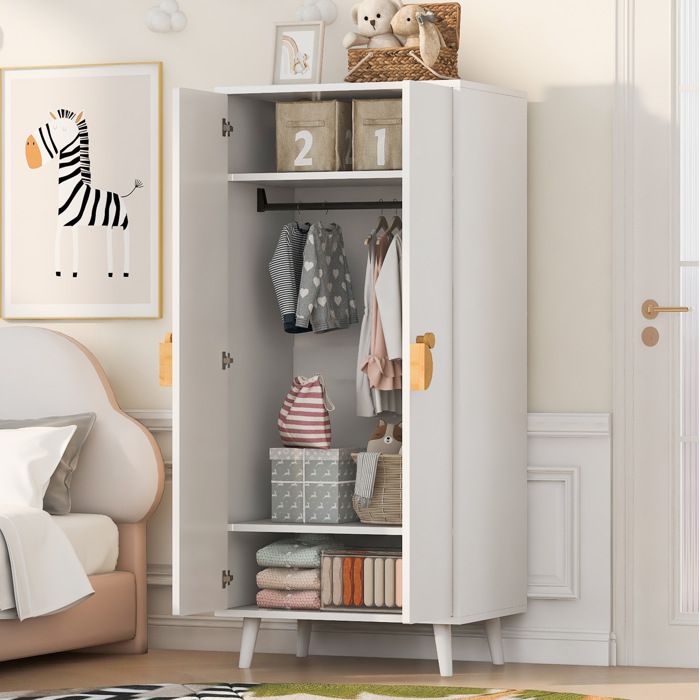 COVREO Armoire de chambre pour enfant blanche 2 portes battantes 70 x 55 x 170 cm penderie rangements et poignées cartoon