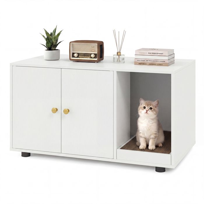 Costway Meuble Cache Litière 3 en 1 pour Chat 90×50×50 cm Planche à Griffer Amovible Pieds Réglables Charge 80 kg Blanc Costway Meuble Cache Litière 3 en 1 pour Chat 90×50×50 cm Planche à Griffer Amovible Pieds Réglables Charge 80 kg Blanc