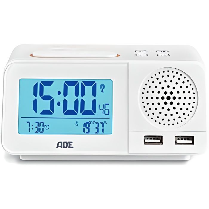 ADE Radio rÃ©veil numÃ©rique avec horloge radio Ã©cran LCD 2 alarmes Snooze Calendrier ThermomÃtre HygromÃtre radio FM et