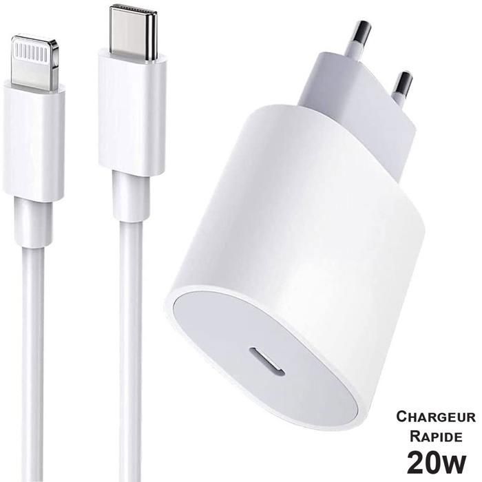 Chargeur iPhone Rapide 20W compatible iPhone 14/13/12/11/X iPad + câble