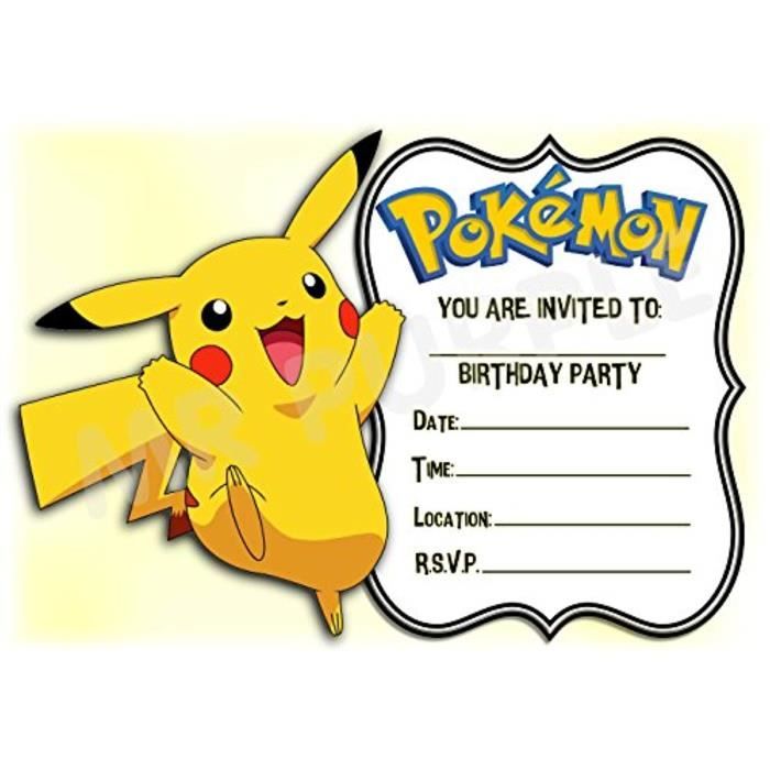 Lot de 12 cartes d/'invitation 12 enveloppes pour anniversaire d/'enfant Pokémon n° 1